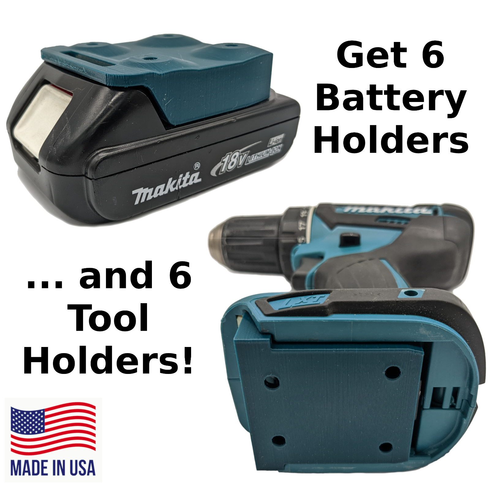 COMBO 6 / 6 Pack Makita 18V Battery and Tool Mounts / Holders - MADE IN USA